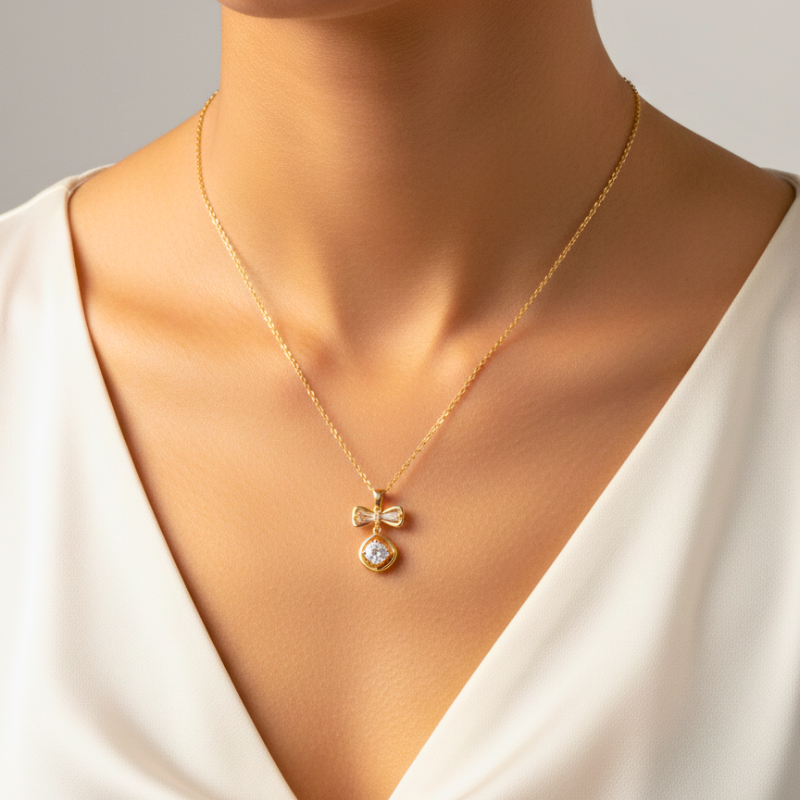 Elegant Bow Crystal Drop Necklace