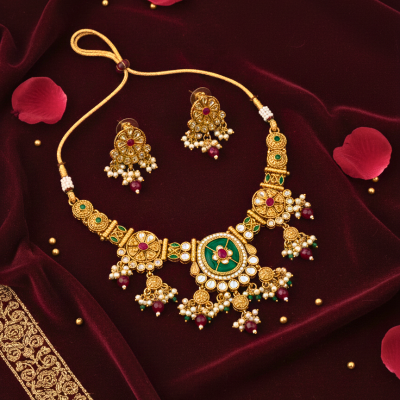 Temple Style Matte Gold Choker Set for Women