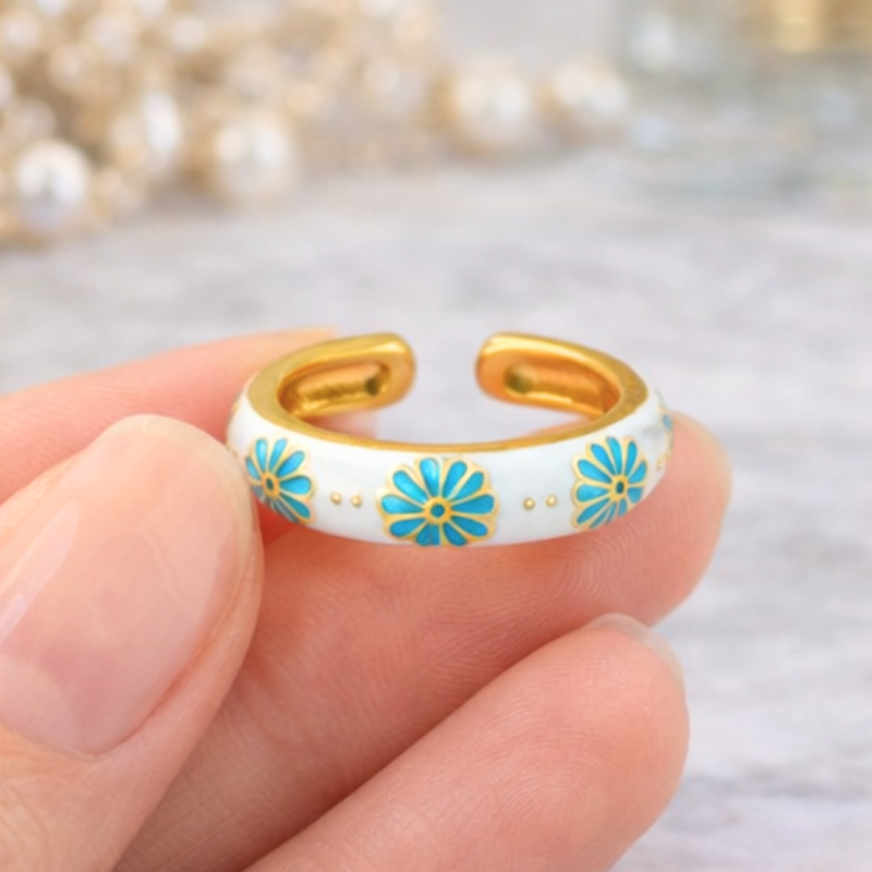 White & Blue Floral Enamel Ring