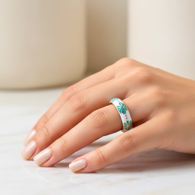 White & Blue Floral Enamel Ring
