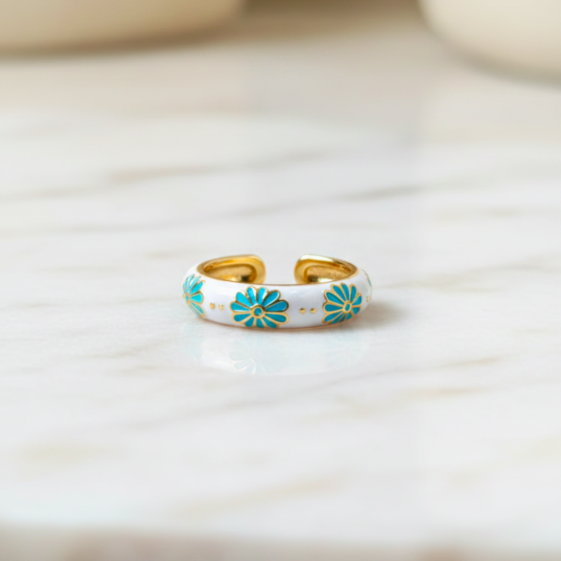 White & Blue Floral Enamel Ring