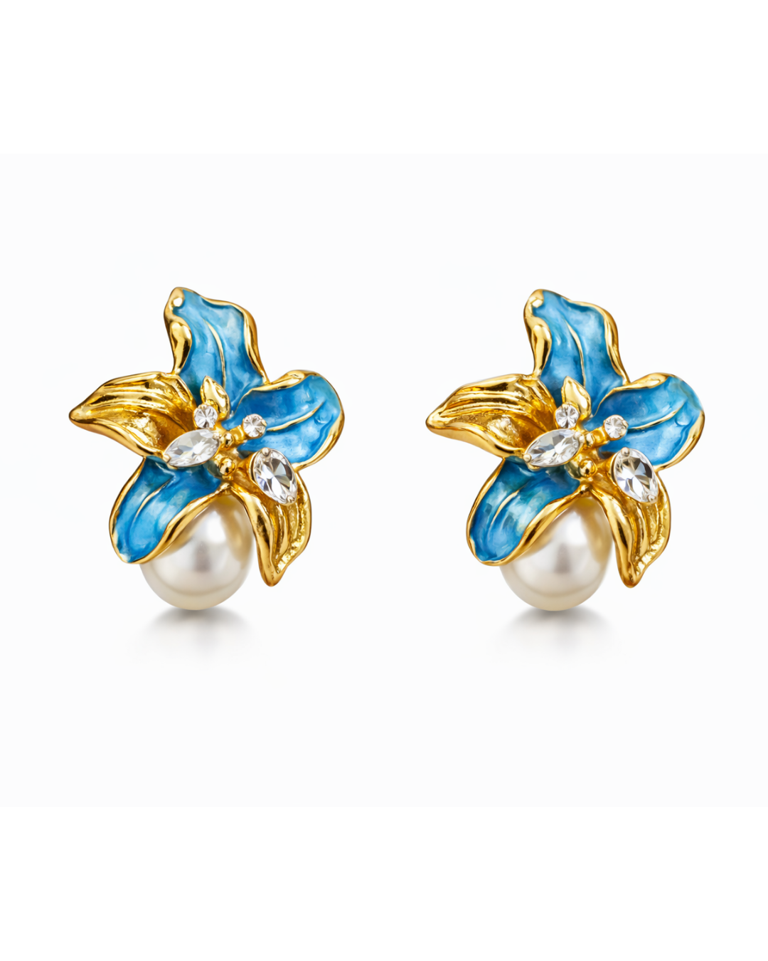Blue Floral Pearl Stud