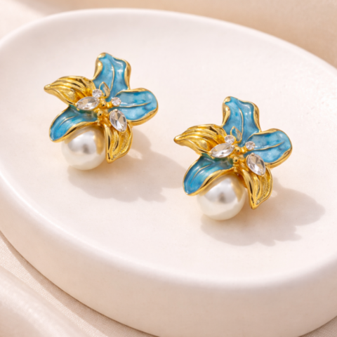 Blue Floral Pearl Stud