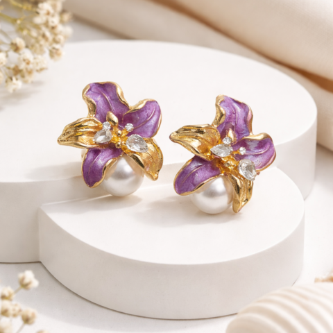 Purple Enamel Floral Stud