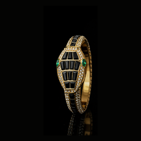 Rush The Label Stylish Women Golden Open Snake Bracelet Watch