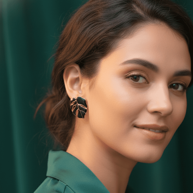 Rush The Label Green Enamel Leaf Stud Earrings for Women & Girls | Gold Plated Fashion Jewellery