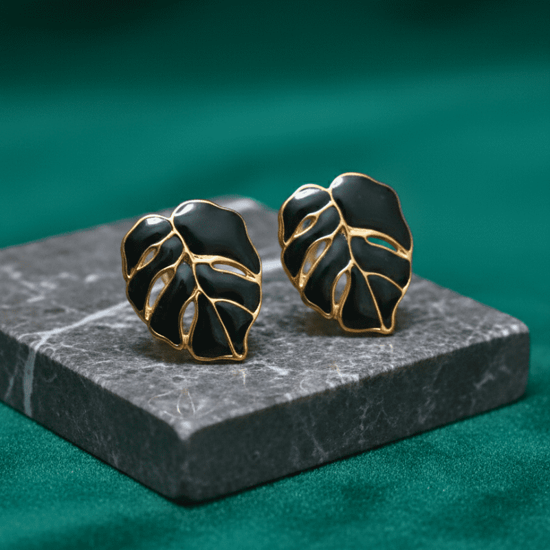 Rush The Label Green Enamel Leaf Stud Earrings for Women & Girls | Gold Plated Fashion Jewellery