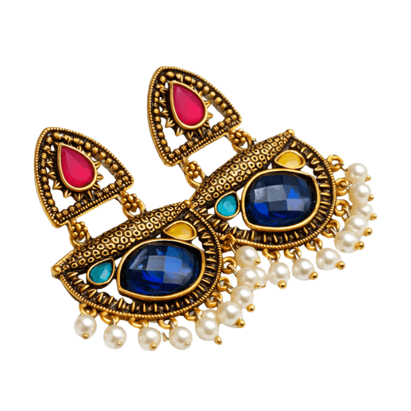 Rush the label Traditional Gold Plated Chandbali Earrings with Blue & Pink Stone and Pearl Drops for Women