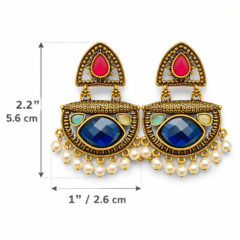 Rush the label Traditional Gold Plated Chandbali Earrings with Blue & Pink Stone and Pearl Drops for Women