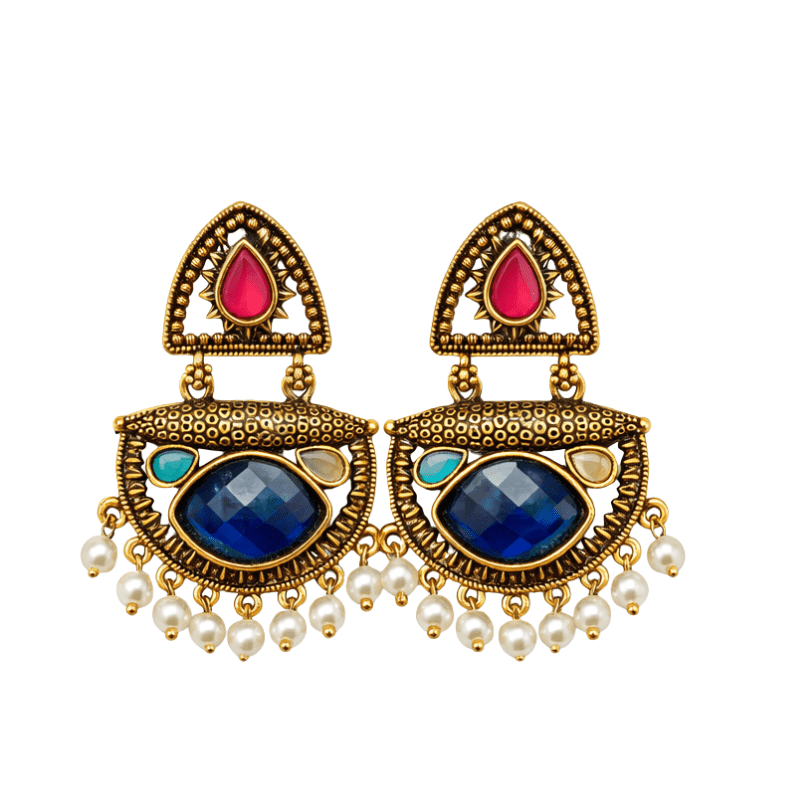 Rush the label Traditional Gold Plated Chandbali Earrings with Blue & Pink Stone and Pearl Drops for Women