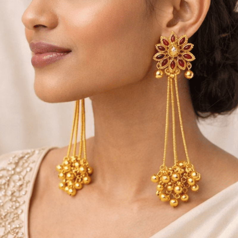 Kashmiri Gold Plated Red Stone Long Tassel Earrings for Women