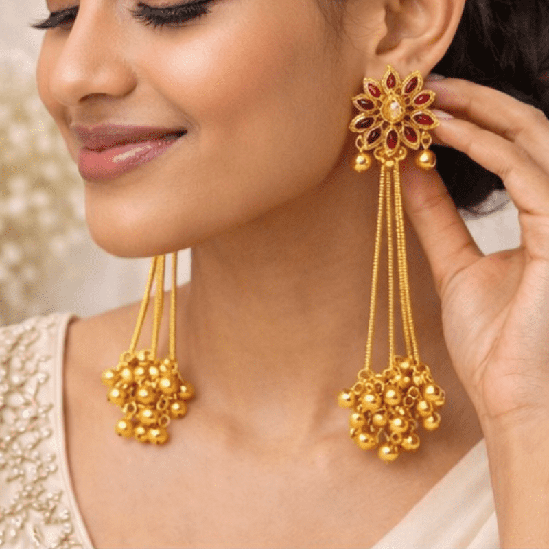 Kashmiri Gold Plated Red Stone Long Tassel Earrings for Women