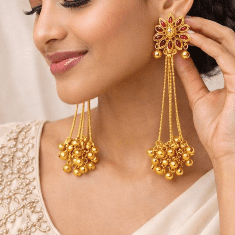 Kashmiri Gold Plated Red Stone Long Tassel Earrings for Women