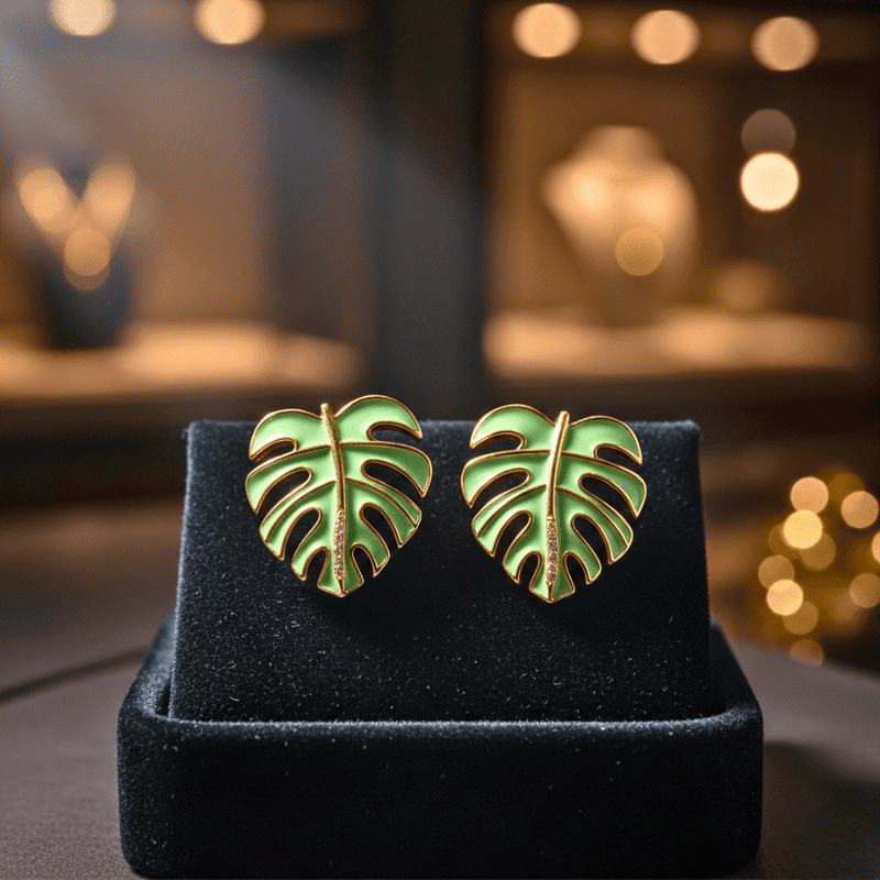Rush The Label Green Enamel Leaf Stud Earrings for Women & Girls | Gold Plated Fashion Jewellery
