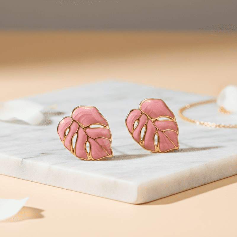 Rush The Label Green Enamel Leaf Stud Earrings for Women & Girls | Gold Plated Fashion Jewellery