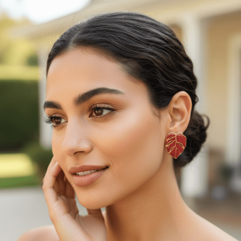 Rush The Label Green Enamel Leaf Stud Earrings for Women & Girls | Gold Plated Fashion Jewellery