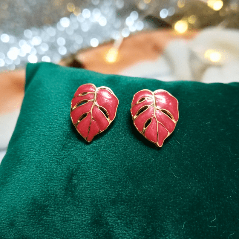 Rush The Label Green Enamel Leaf Stud Earrings for Women & Girls | Gold Plated Fashion Jewellery