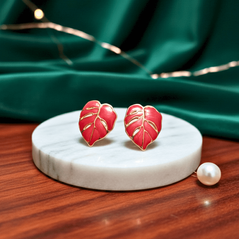 Rush The Label Green Enamel Leaf Stud Earrings for Women & Girls | Gold Plated Fashion Jewellery