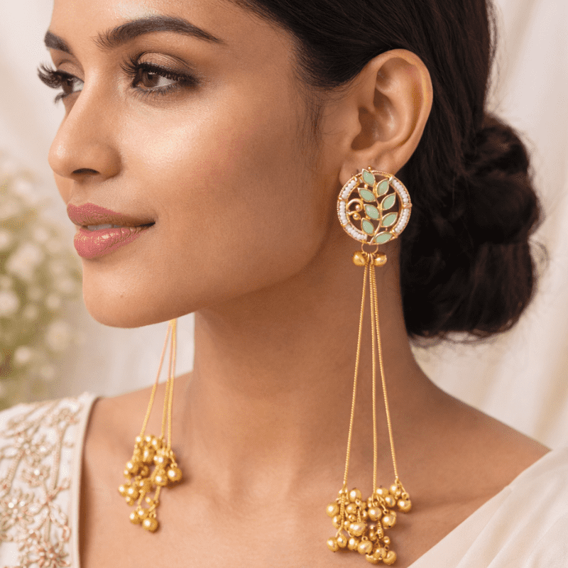 Elegant Gold Plated Green Leaf Stone Long Tassel Earrings for Women