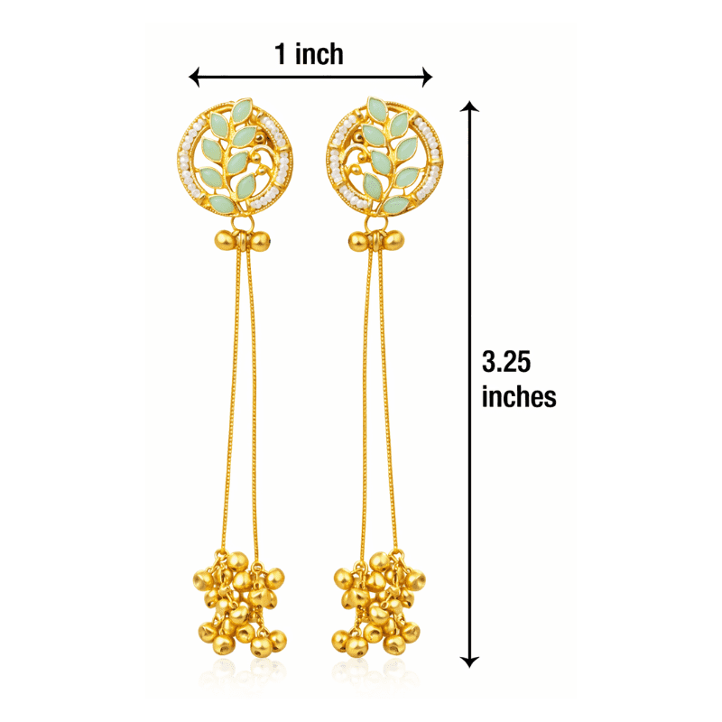 Elegant Gold Plated Green Leaf Stone Long Tassel Earrings for Women