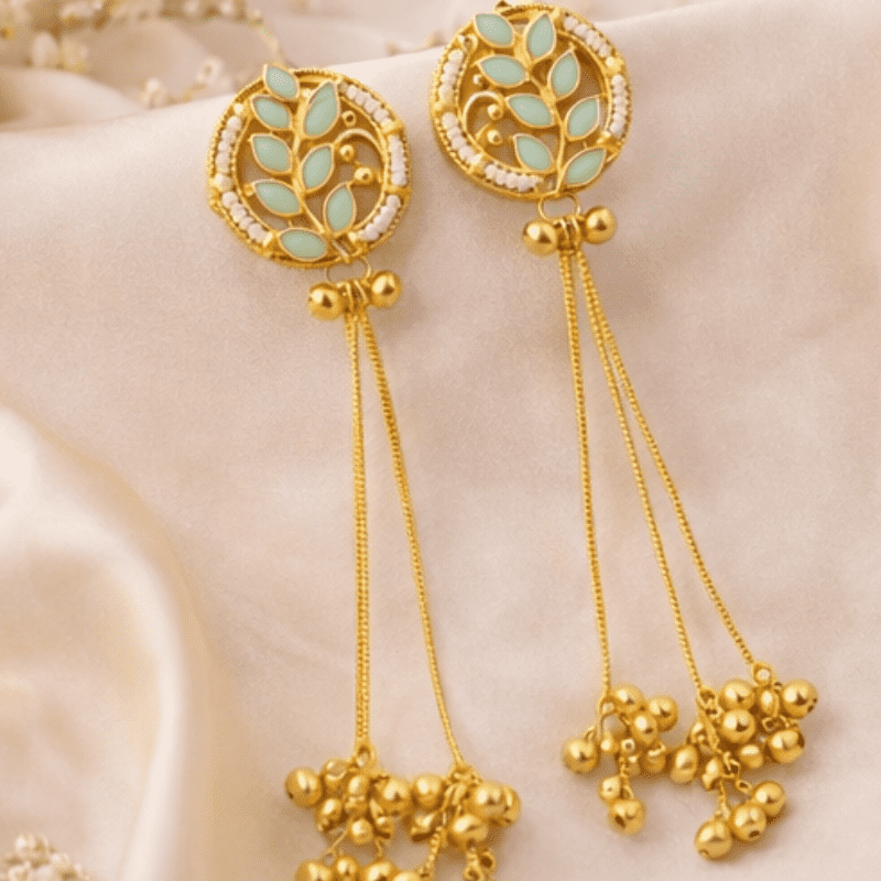 Elegant Gold Plated Green Leaf Stone Long Tassel Earrings for Women