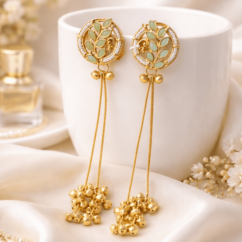 Elegant Gold Plated Green Leaf Stone Long Tassel Earrings for Women