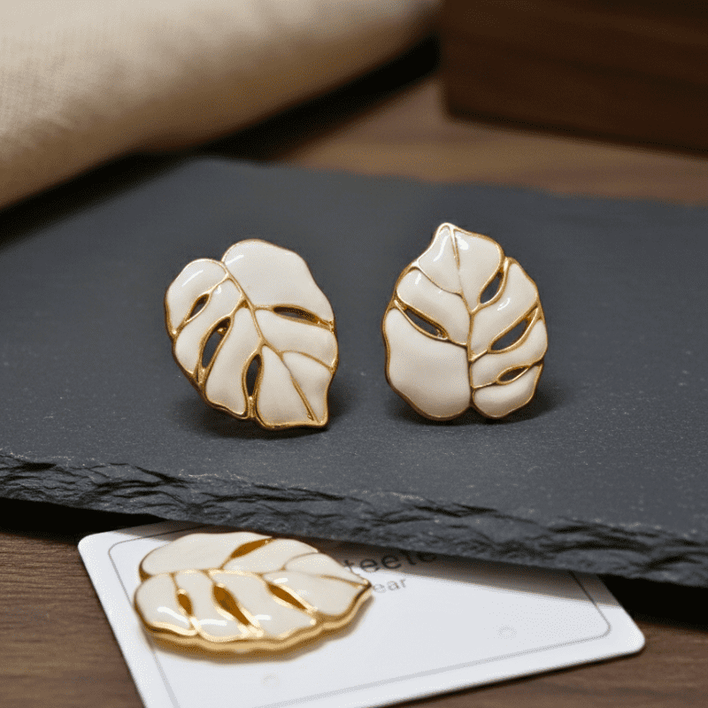 Rush The Label Green Enamel Leaf Stud Earrings for Women & Girls | Gold Plated Fashion Jewellery